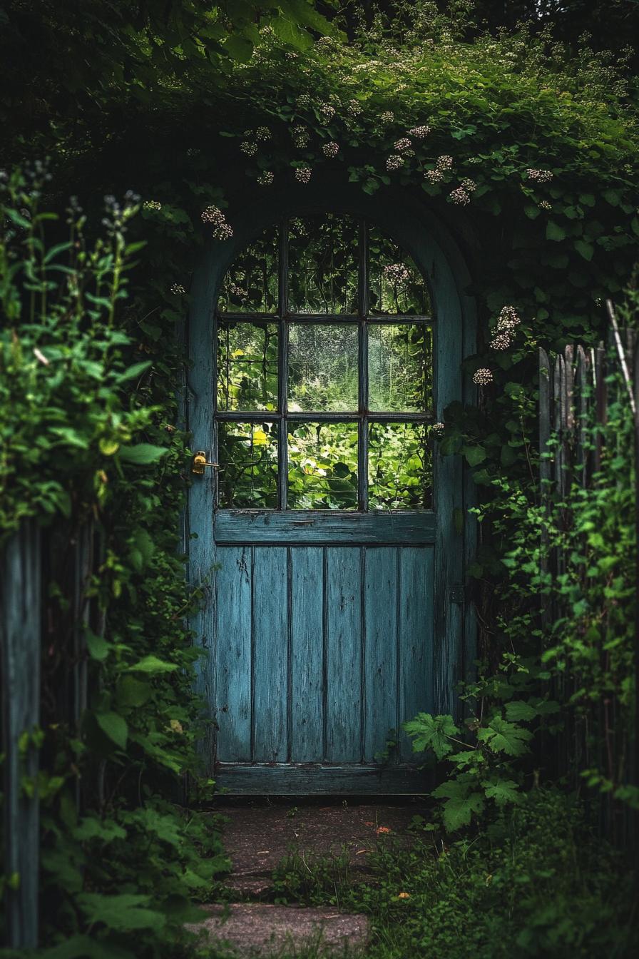 closed small arched door to a garden the arch is overgrown with flower vines the fence is geometric shrubs the door has glass panels and the lush