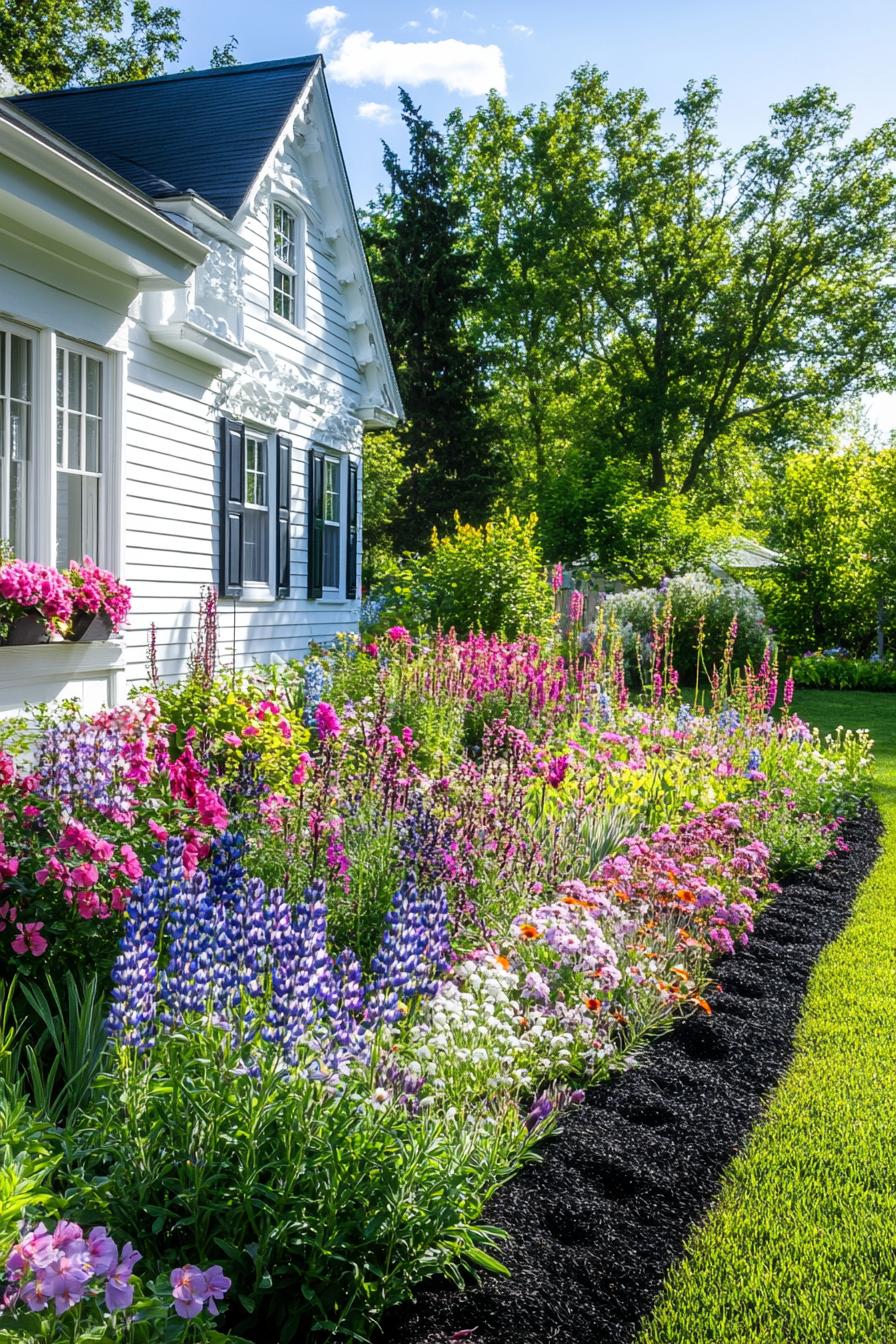 flower garden in front of a cottage house with white clapboard siding the flowers include lupins thimes baby breaths and herb plants planted in