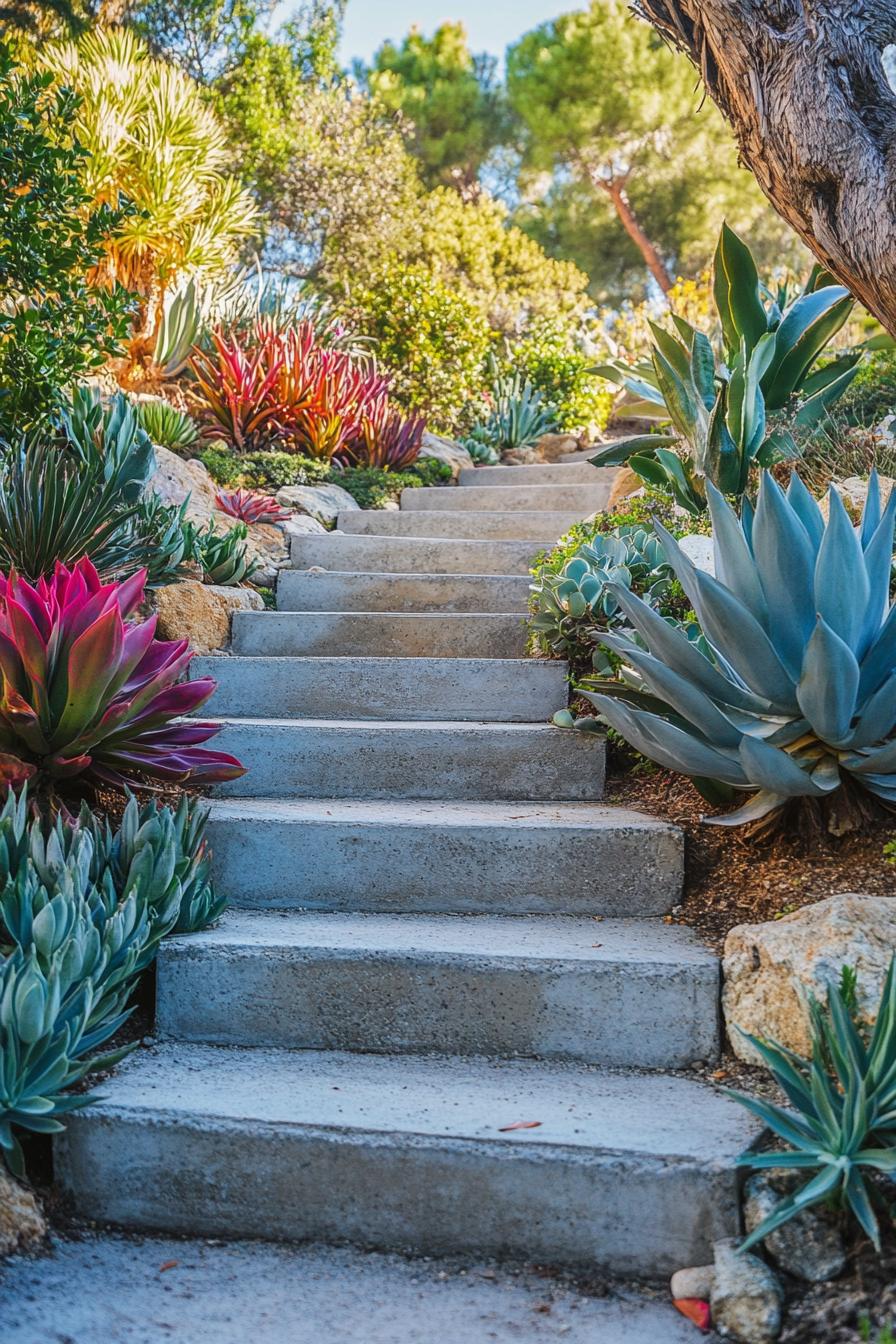 mediterranean landscape with concrete steps bordered with succulents and native plants 1