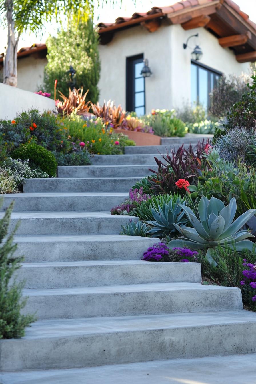 mediterranean landscape with concrete steps bordered with succulents and native plants 2