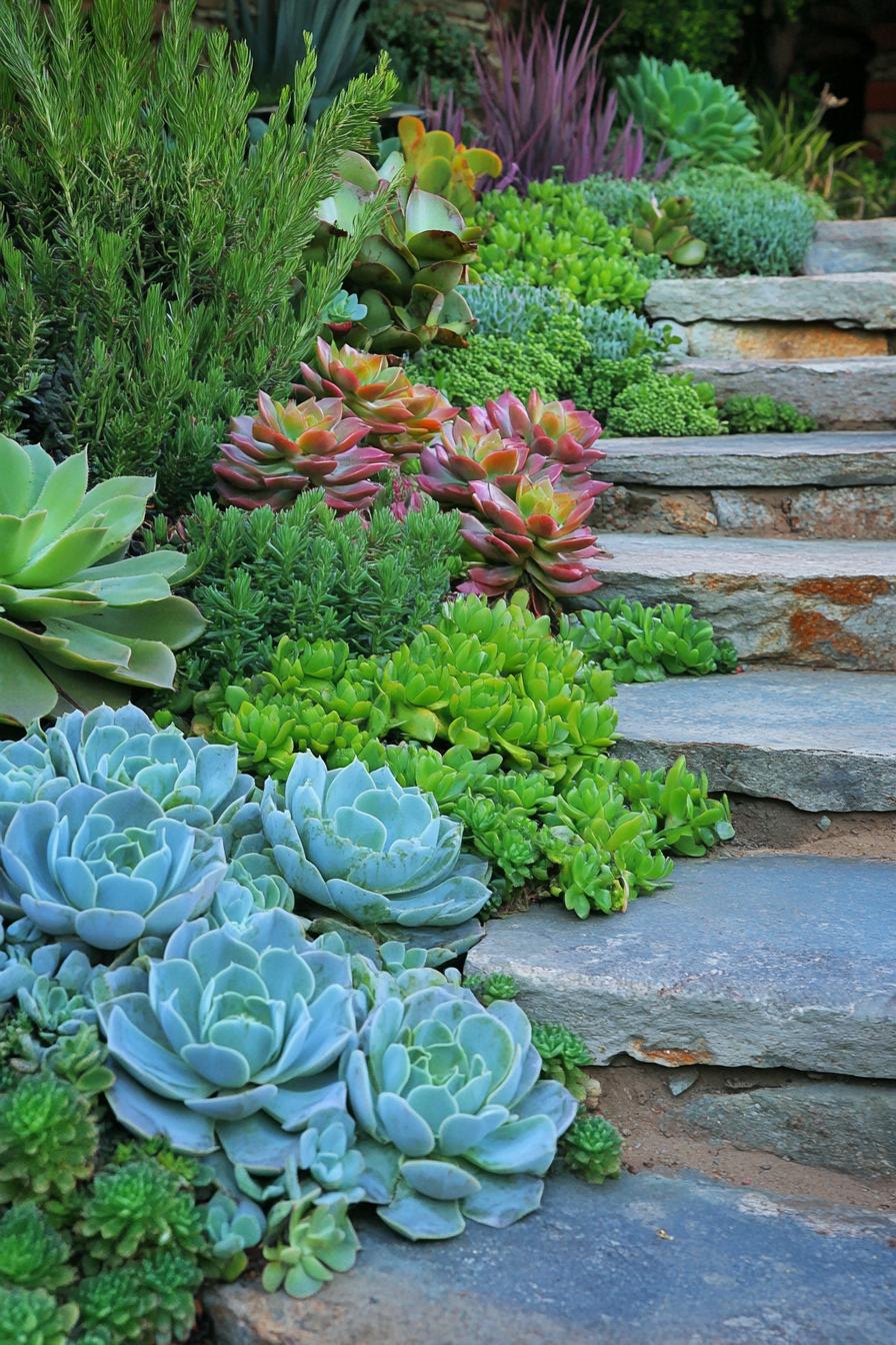 mediterranean landscape with concrete steps bordered with succulents and native plants 3