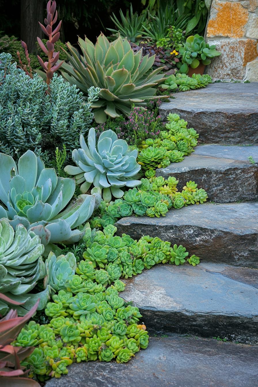 mediterranean landscape with concrete steps bordered with succulents and native plants