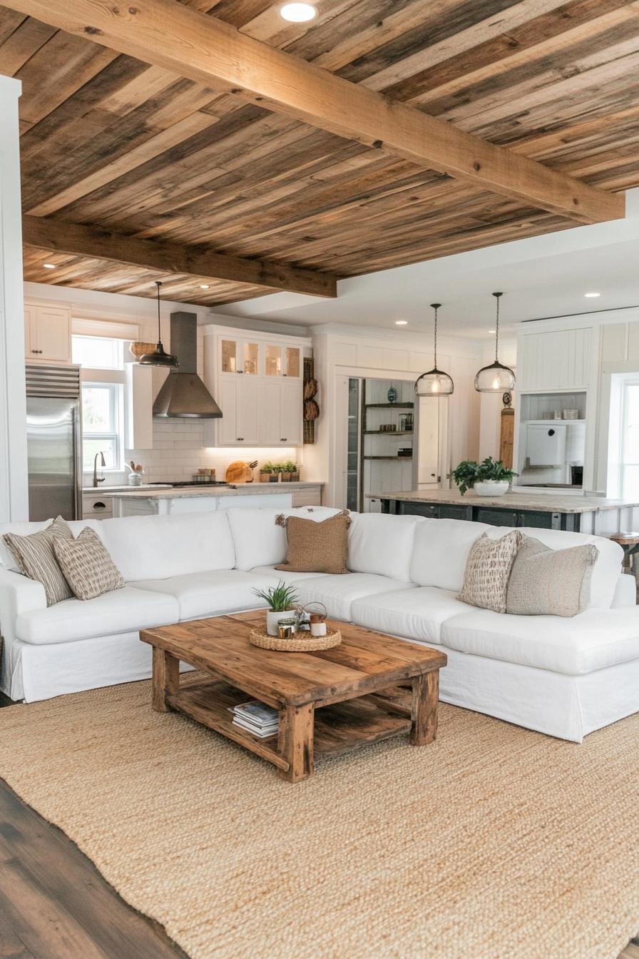 modern farmhouse living room open plan with kitchem white ceiling hardwood floor jute area rug accent wall of reclaimed wood planks rustic wooden 1