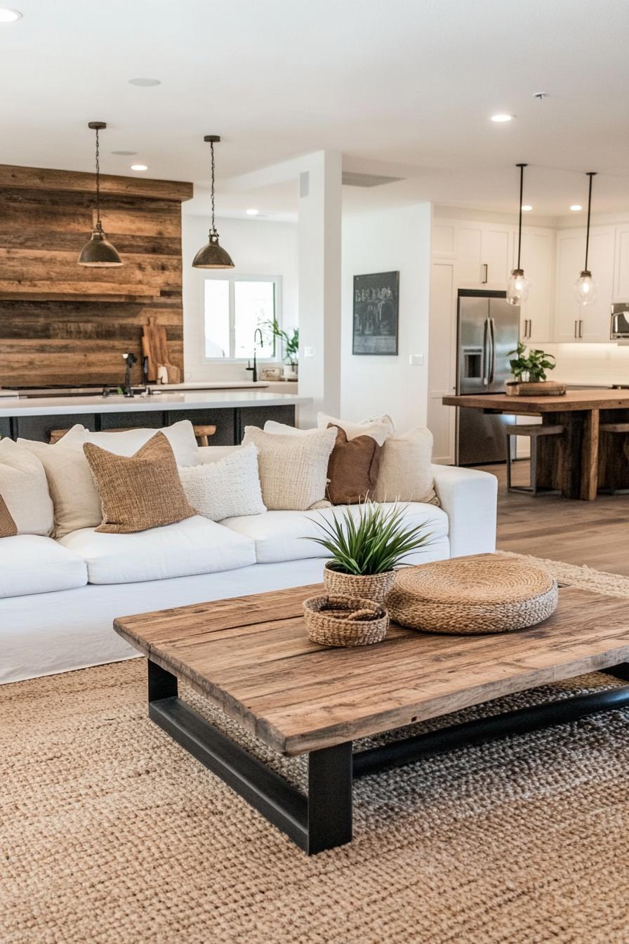 modern farmhouse living room open plan with kitchem white ceiling hardwood floor jute area rug accent wall of reclaimed wood planks rustic wooden 2