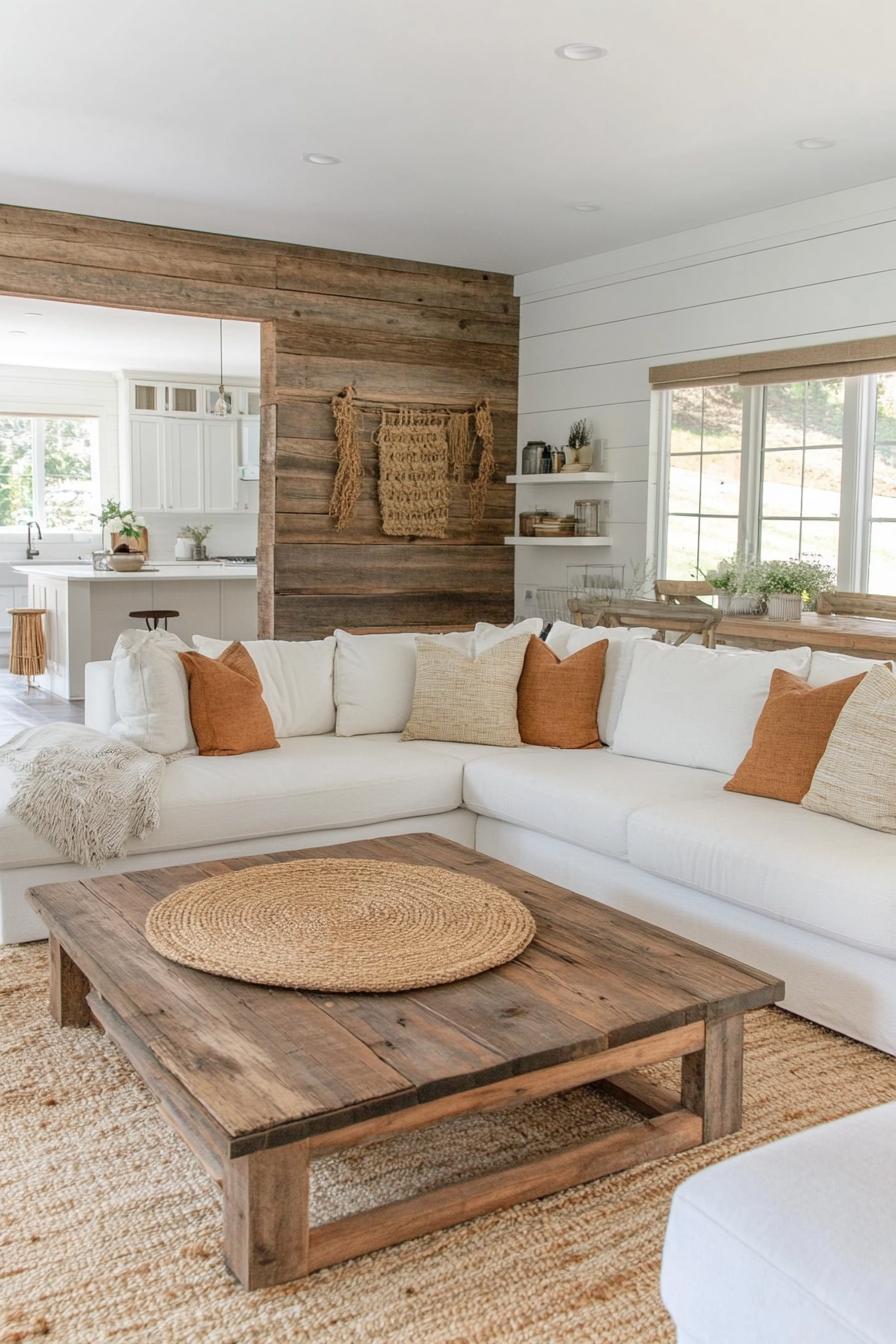 modern farmhouse living room open plan with kitchem white ceiling hardwood floor jute area rug accent wall of reclaimed wood planks rustic wooden