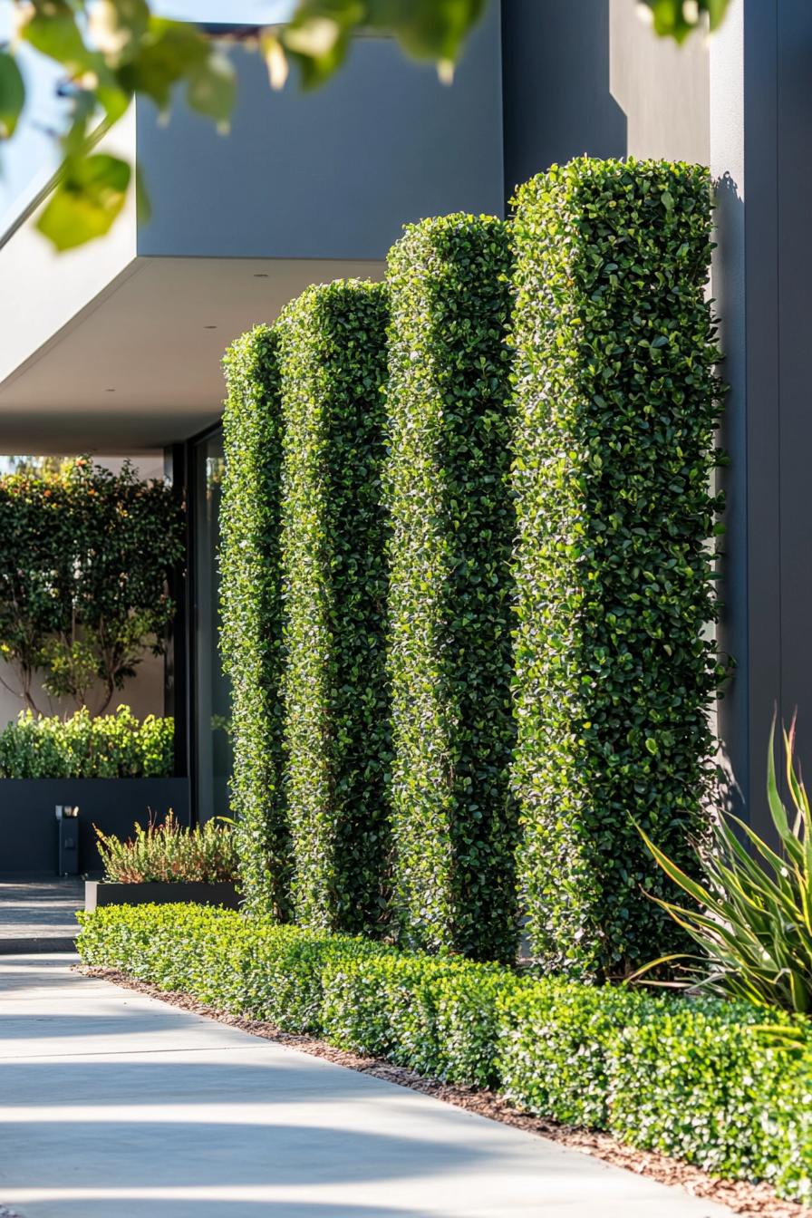 modern house front yard with tall privacy bushes