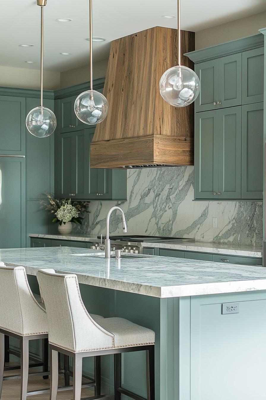 modern kitchen with greyish teal cabinets marble countertops and backsplash silver appliances kitchen island with bar stools orb pendants over the