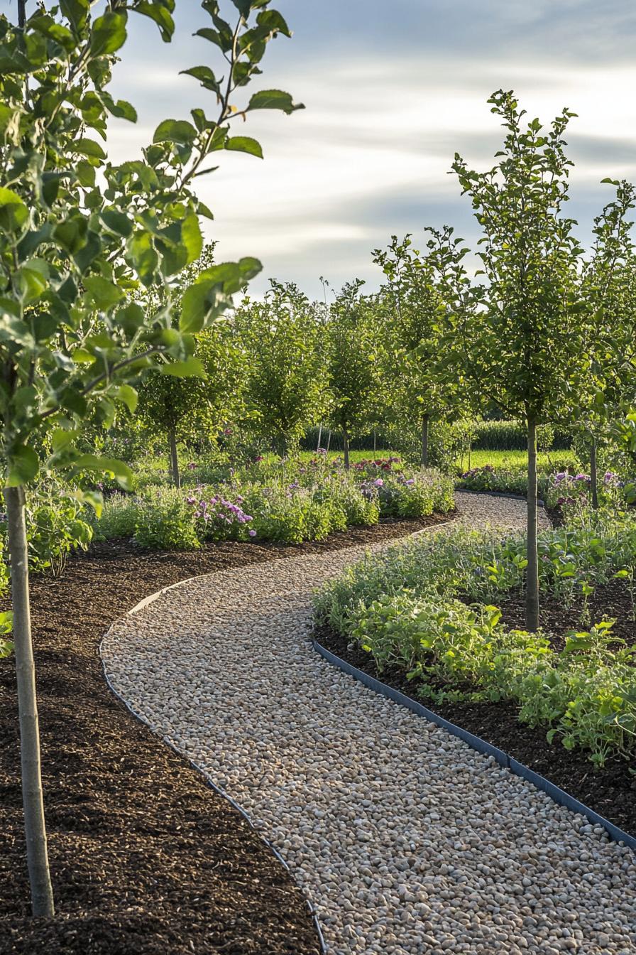 orchard garden of young apple trees with gravel paths and low growing perennials 1