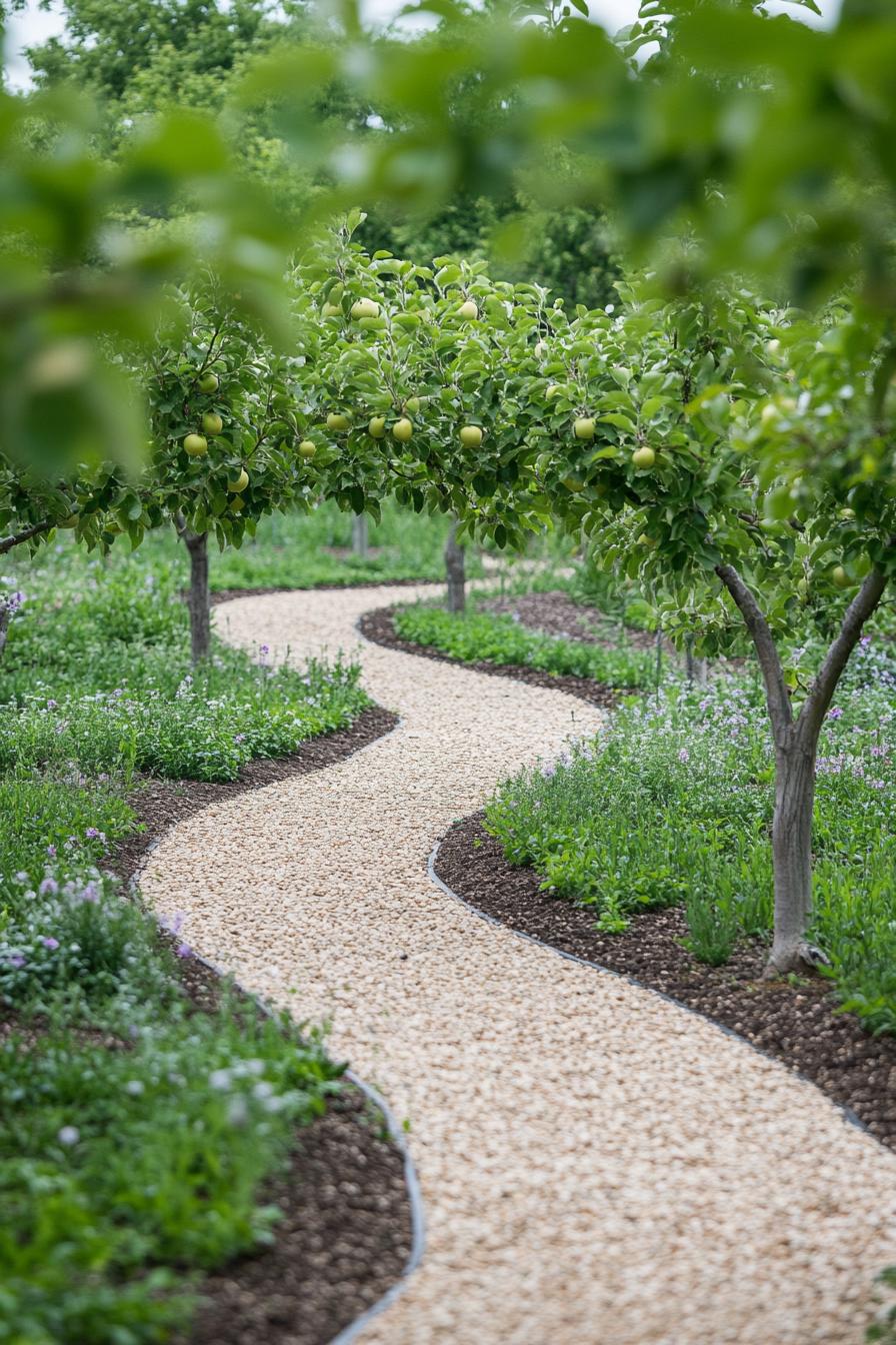 orchard garden of young apple trees with gravel paths and low growing perennials