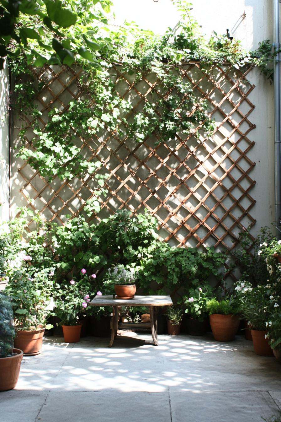 small patio with concrete floor potted climber plants climb on a trellis agains house wall 1