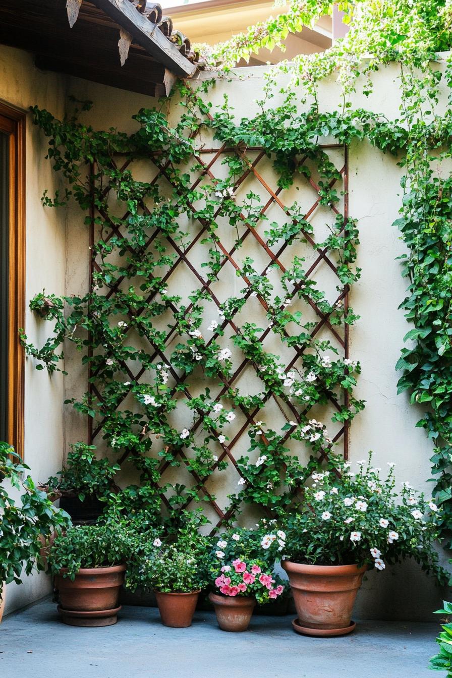 small patio with concrete floor potted climber plants climb on a trellis agains house wall 2