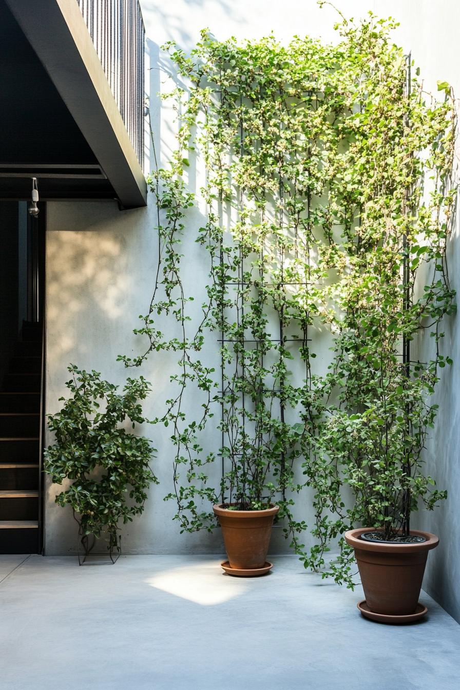 small patio with concrete floor potted climber plants climb on a trellis agains house wall