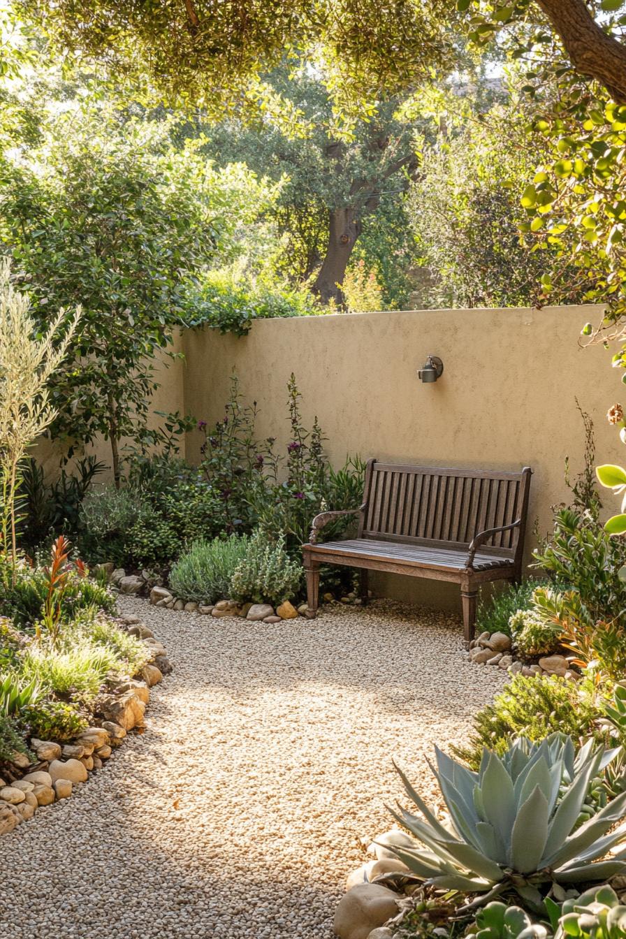 small tuscan backyard garden with wall fence garden bench in the corner gravel paths native plants and succulents Italian cypress 1