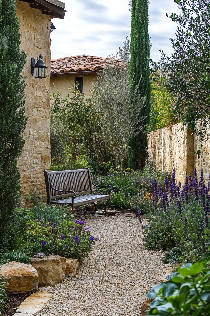 small tuscan backyard garden with wall fence garden bench in the corner gravel paths native plants and succulents Italian cypress 2