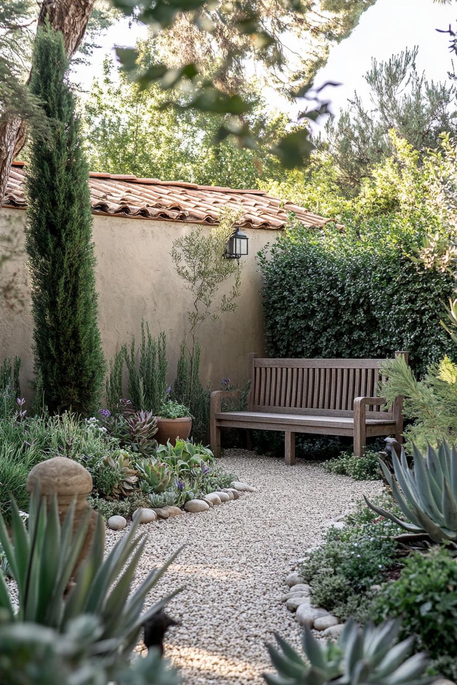 small tuscan backyard garden with wall fence garden bench in the corner gravel paths native plants and succulents Italian cypress 3