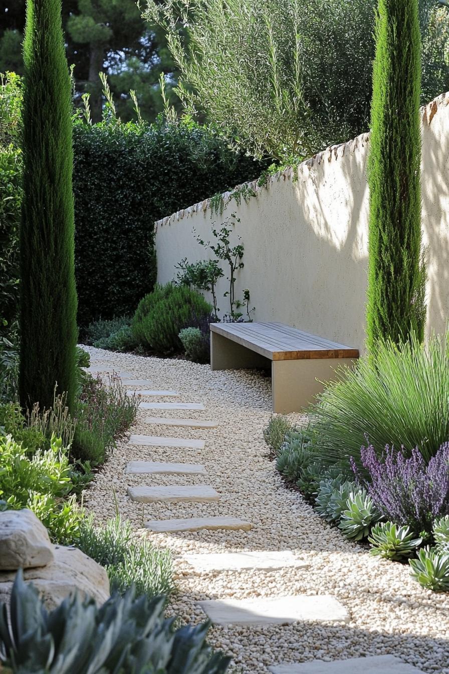 small tuscan backyard garden with wall fence garden bench in the corner gravel paths native plants and succulents Italian cypress