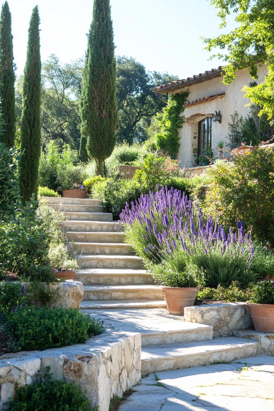 spacious tuscan garden with steps lush native plants trees shrubs