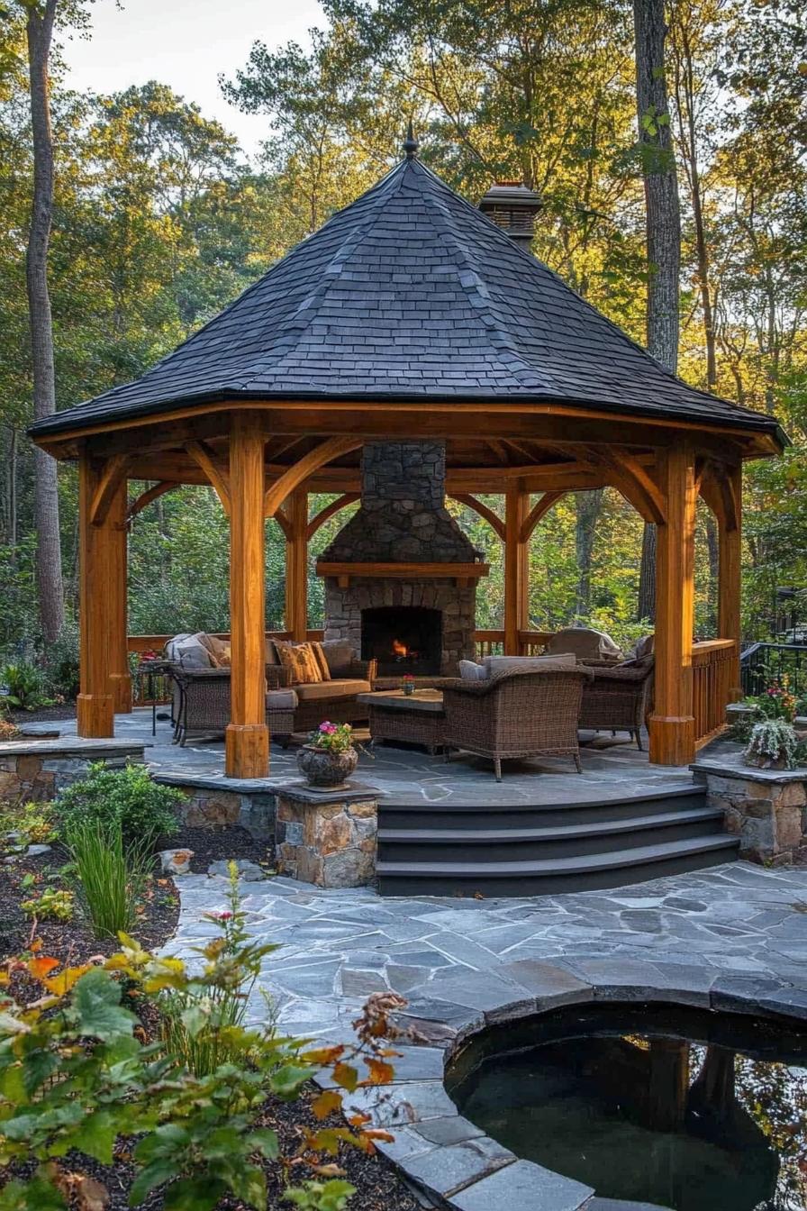 wooden gazebo with columns on stone foundations hexagonal roof with dark shingles at the center of the gazebo theres a stone fireplace with a 1