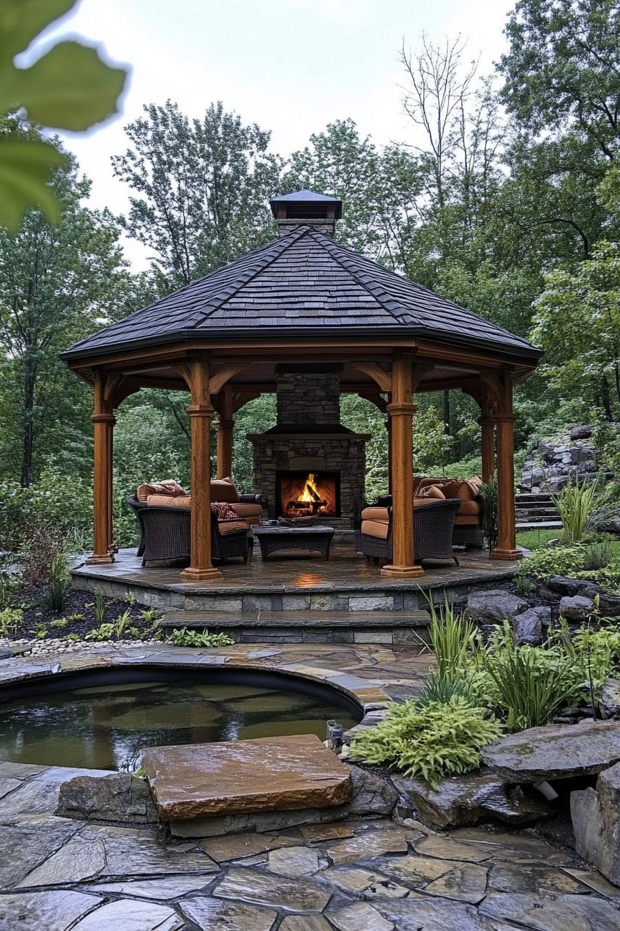 wooden gazebo with columns on stone foundations hexagonal roof with dark shingles at the center of the gazebo theres a stone fireplace with a 2