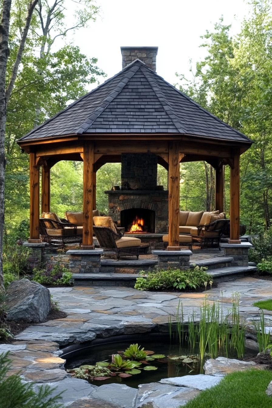 wooden gazebo with columns on stone foundations hexagonal roof with dark shingles at the center of the gazebo theres a stone fireplace with a 3