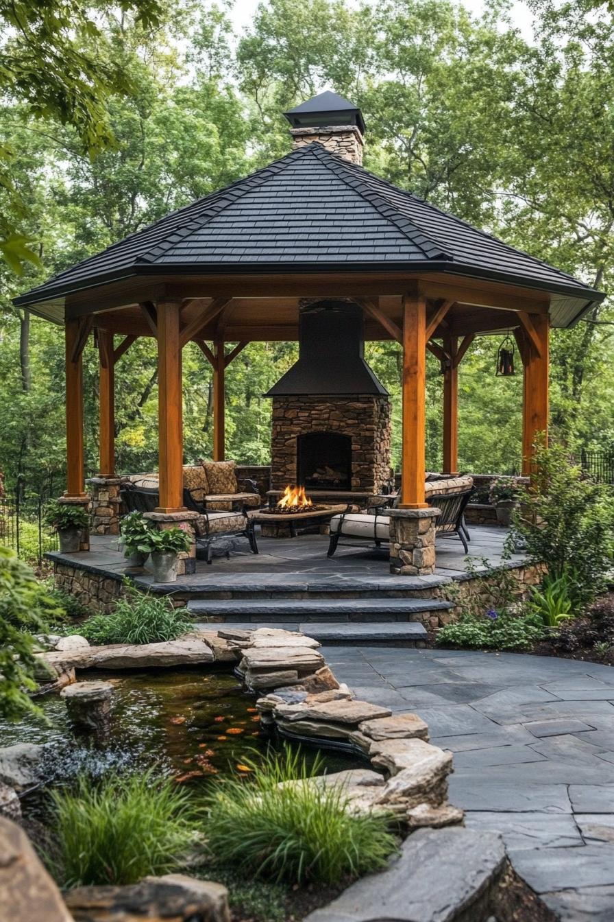 wooden gazebo with columns on stone foundations hexagonal roof with dark shingles at the center of the gazebo theres a stone fireplace with a