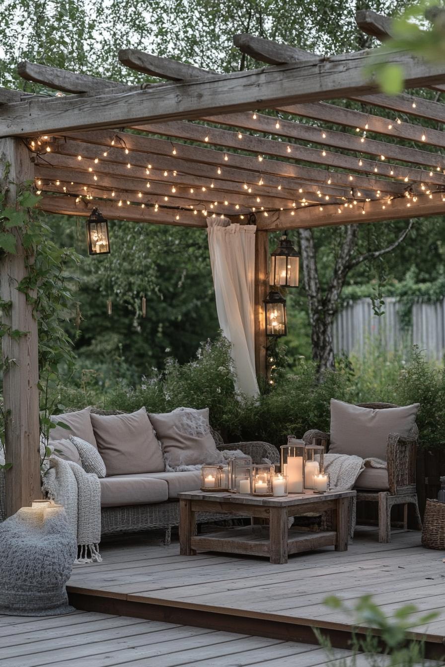 wooden pergola over paved deck with a sofa a chair a grey rud and small rustic table with candles above are LED string lights and lanterns in the 1