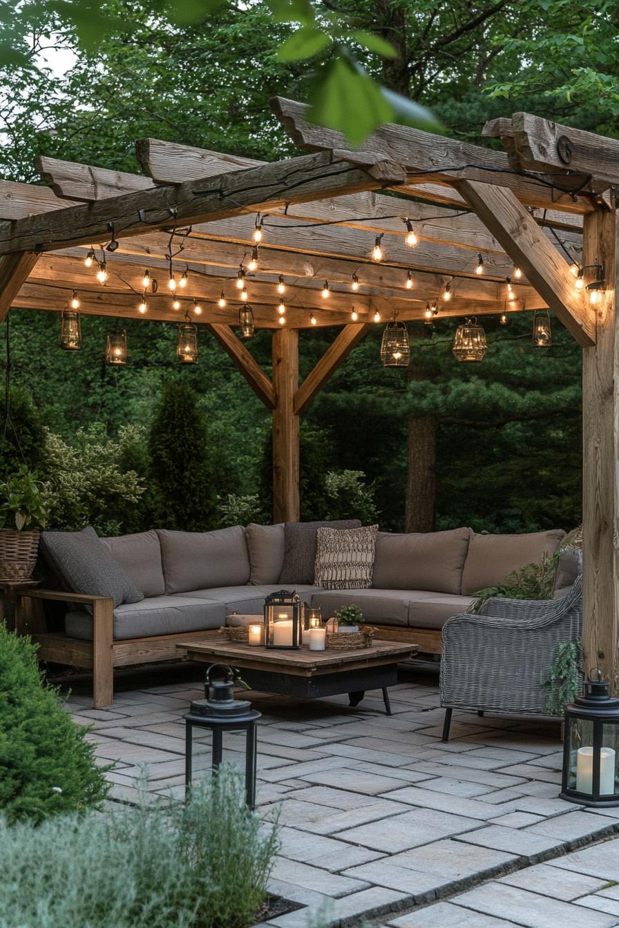 wooden pergola over paved deck with a sofa a chair a grey rud and small rustic table with candles above are LED string lights and lanterns in the 2