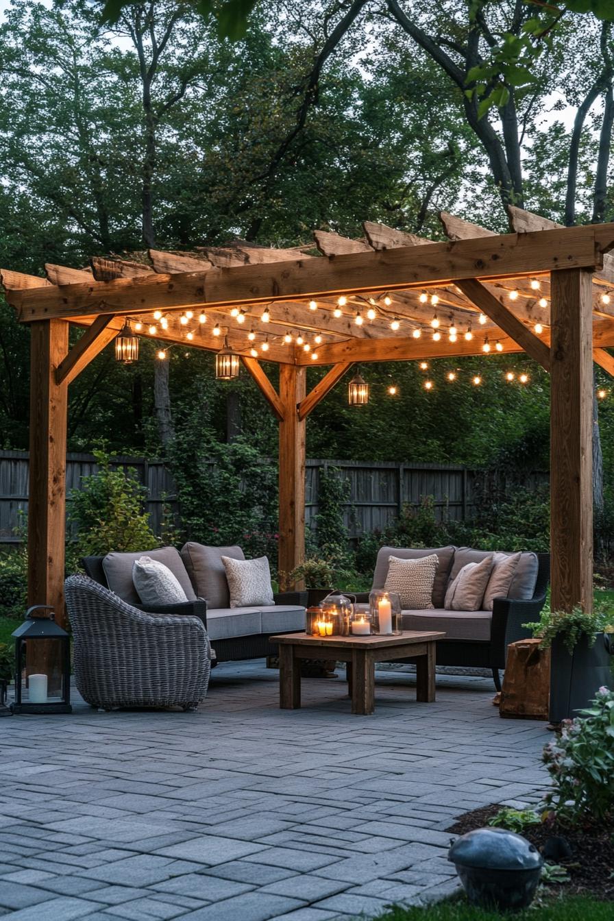 wooden pergola over paved deck with a sofa a chair a grey rud and small rustic table with candles above are LED string lights and lanterns in the 3