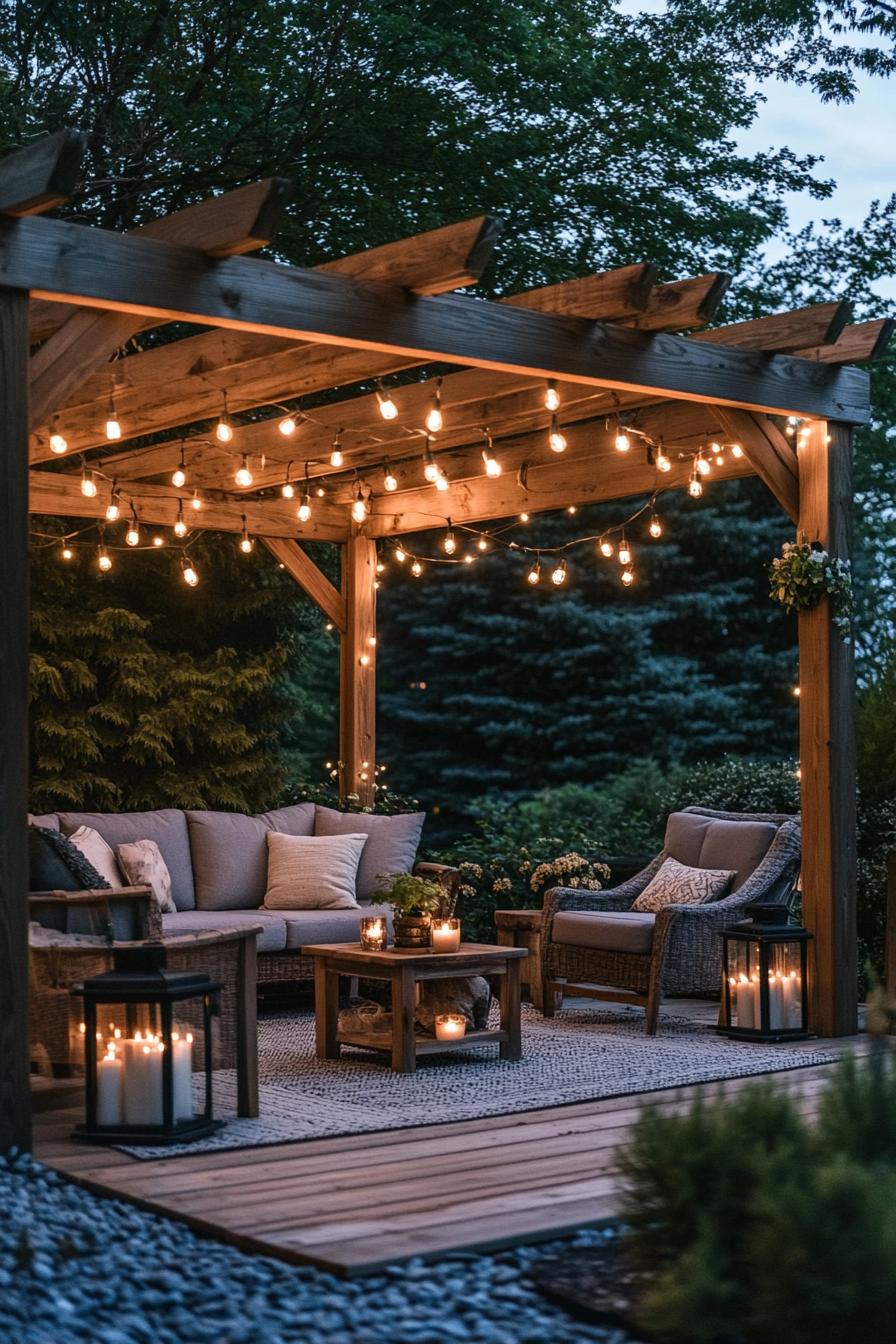 wooden pergola over paved deck with a sofa a chair a grey rud and small rustic table with candles above are LED string lights and lanterns in the