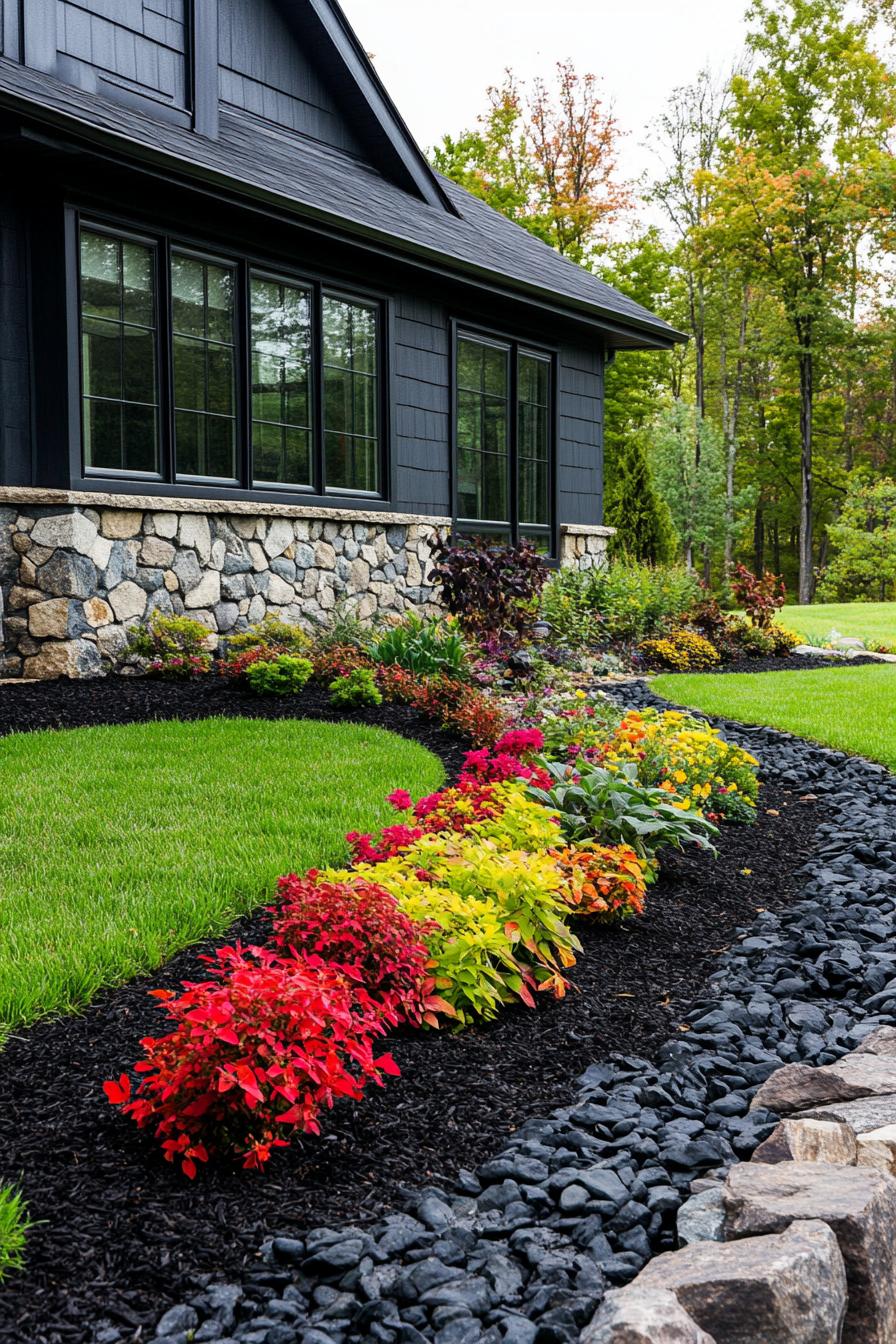 backyard garden of a cottage house with clapboard siding stone foundations dark mulch with colorful shrub plants and flowers hardscape with large 1