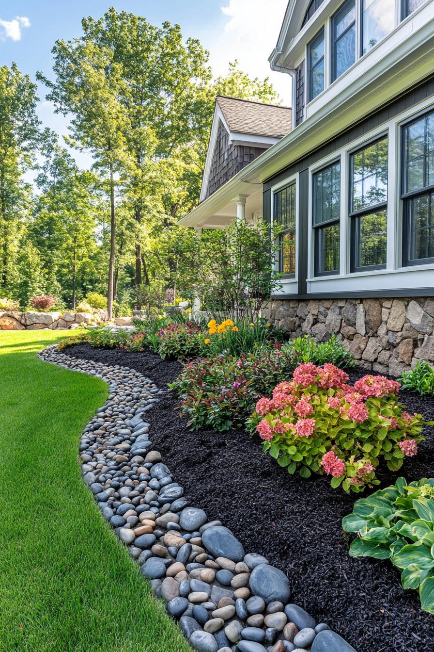 backyard garden of a cottage house with clapboard siding stone foundations dark mulch with colorful shrub plants and flowers hardscape with large 2