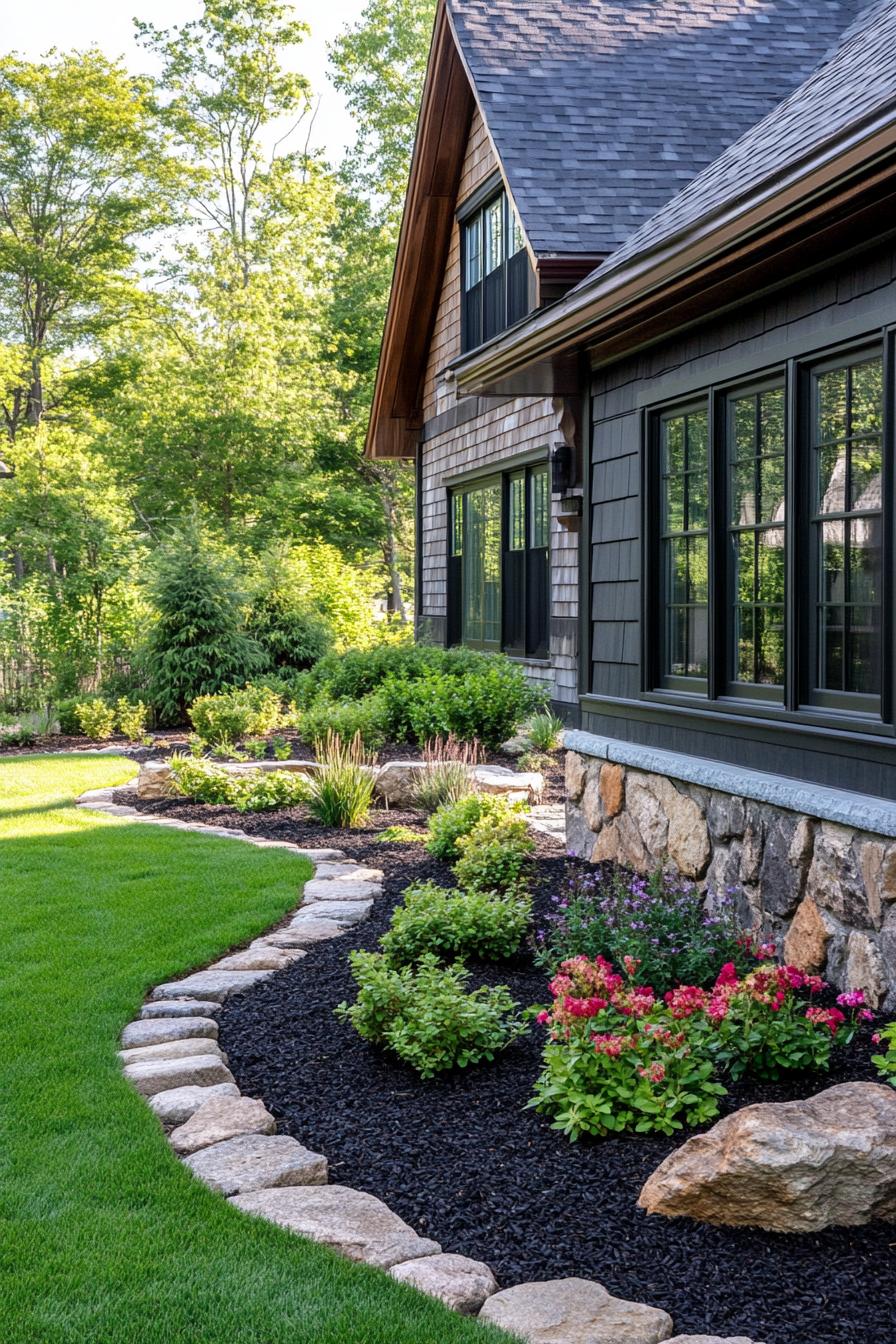 backyard garden of a cottage house with clapboard siding stone foundations dark mulch with colorful shrub plants and flowers hardscape with large