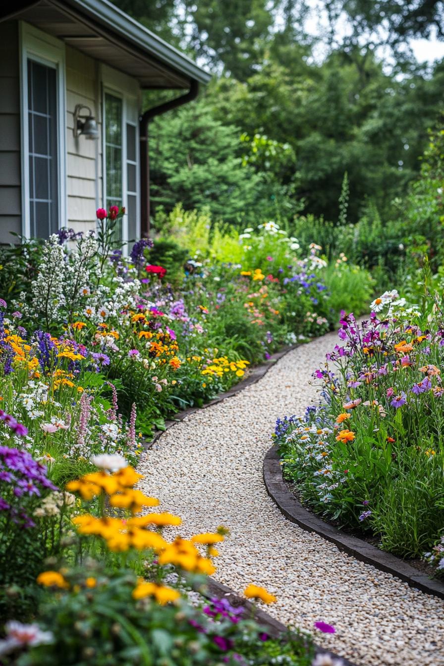 beautiful lush flower garden with flowers of various colors and wildflowers there is a curved gravel path bordered with pebble stones leading to a 1