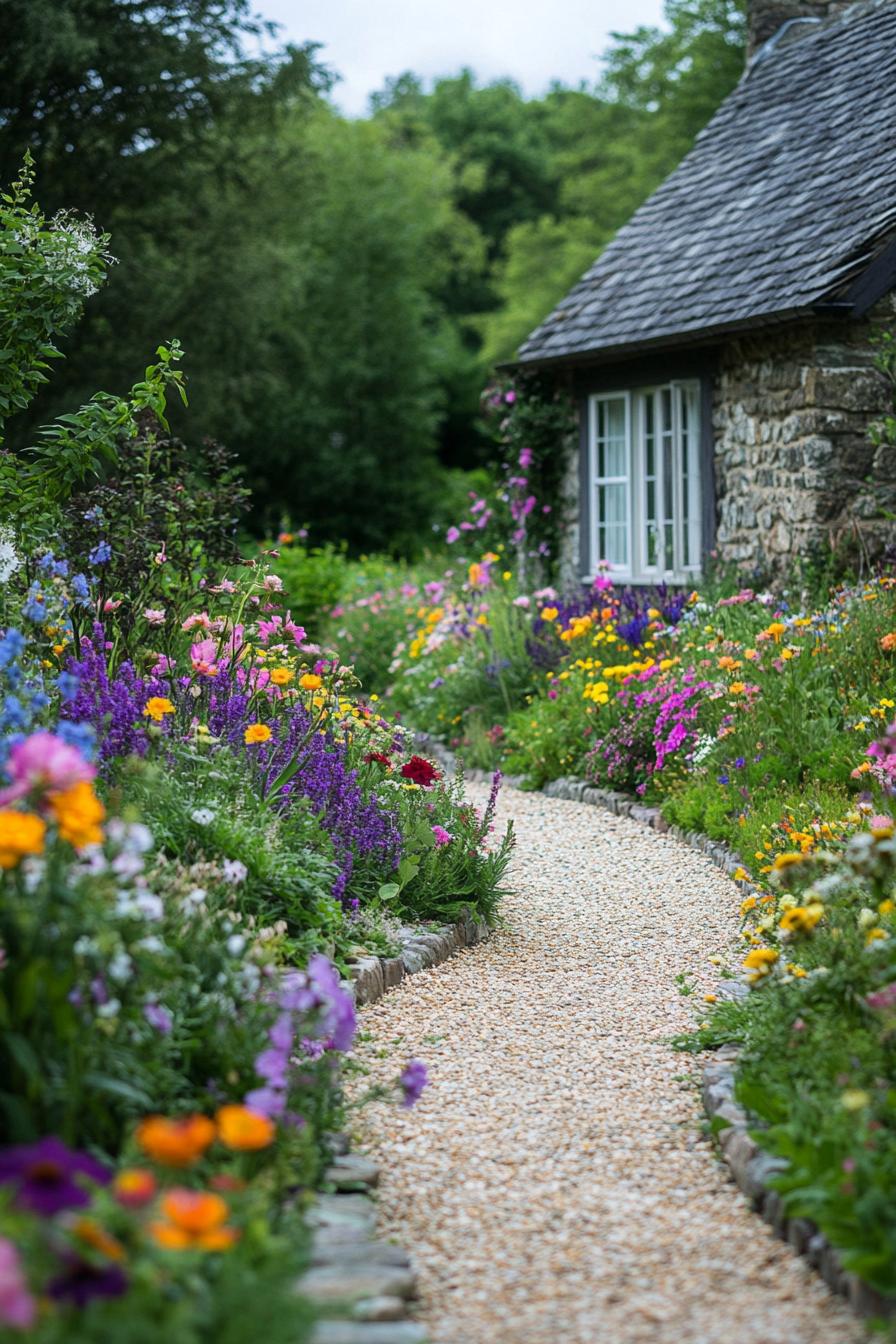 beautiful lush flower garden with flowers of various colors and wildflowers there is a curved gravel path bordered with pebble stones leading to a