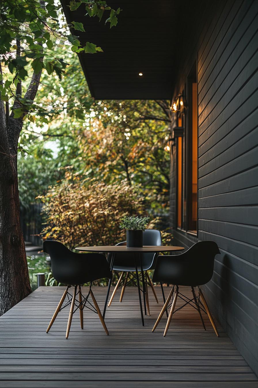 clapboard siding house porch with modern chairs minimalist table 2