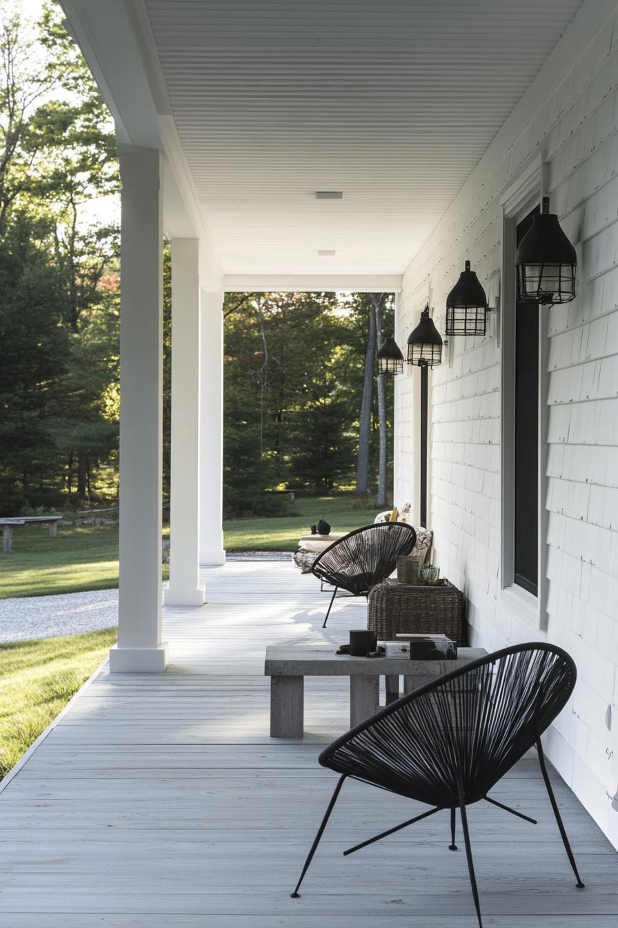 clapboard siding house porch with modern chairs minimalist table