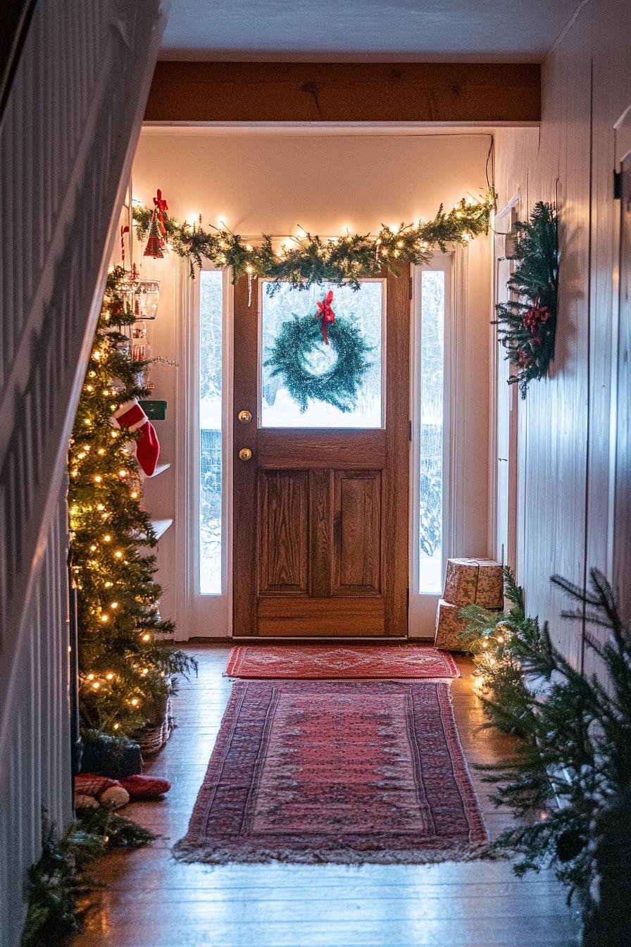 entryway interior with door frame lined with Christmas greenery and color LED string lights 1