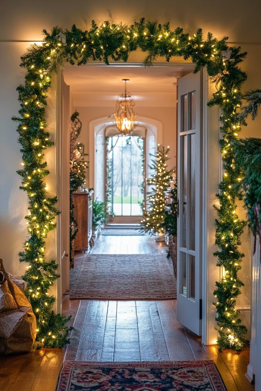 entryway interior with door frame lined with Christmas greenery and color LED string lights