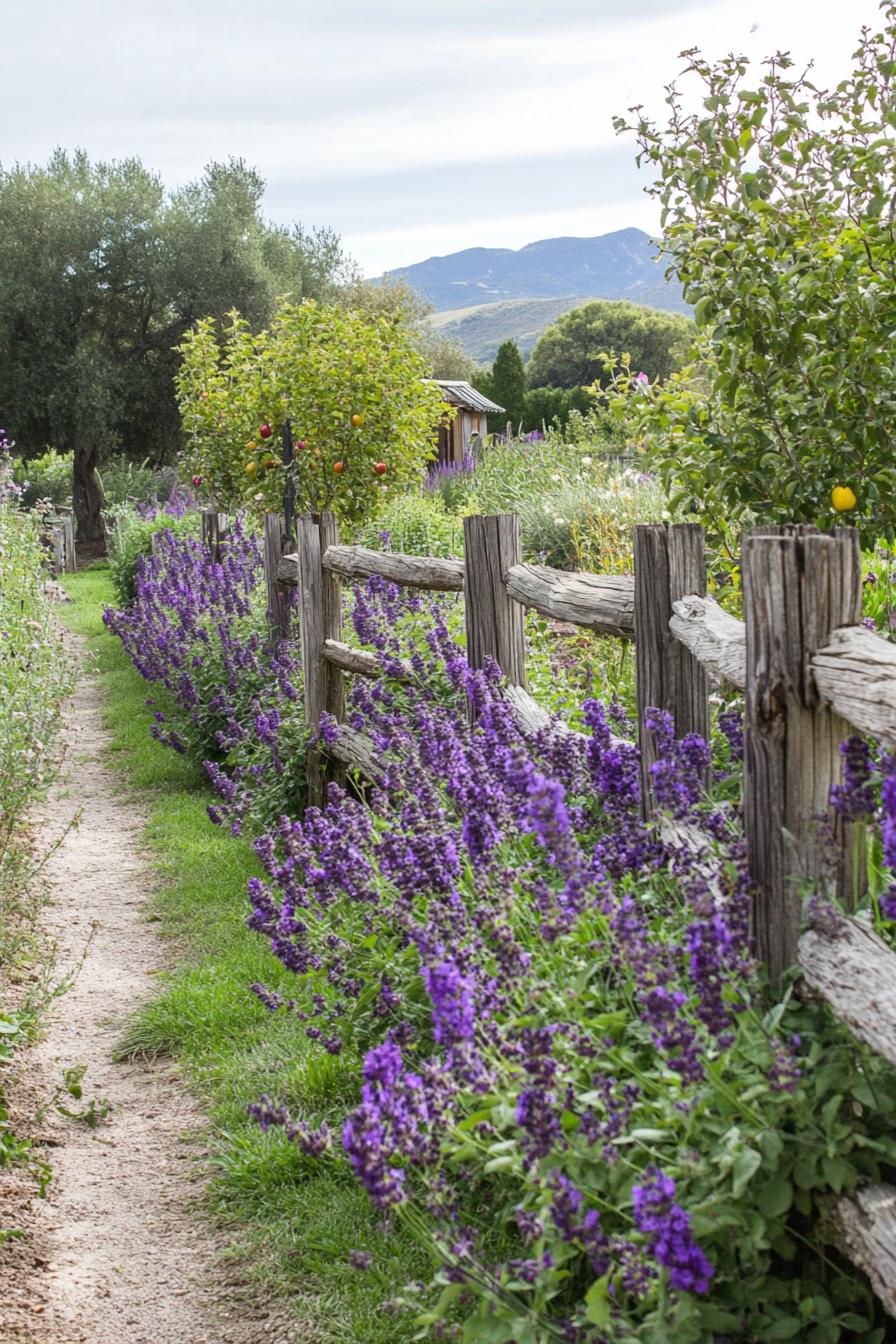 fenced orchard garden with apple trees and purple salvia bushes 1