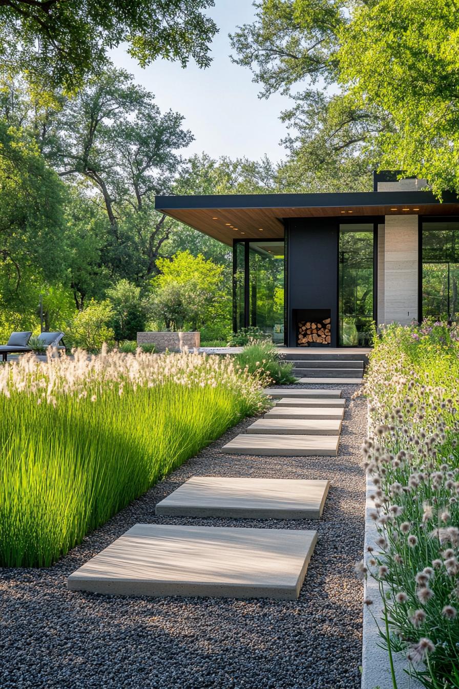 front yard of a modern house with geometric concrete path in gravel mexican feather grass bordering the path 1