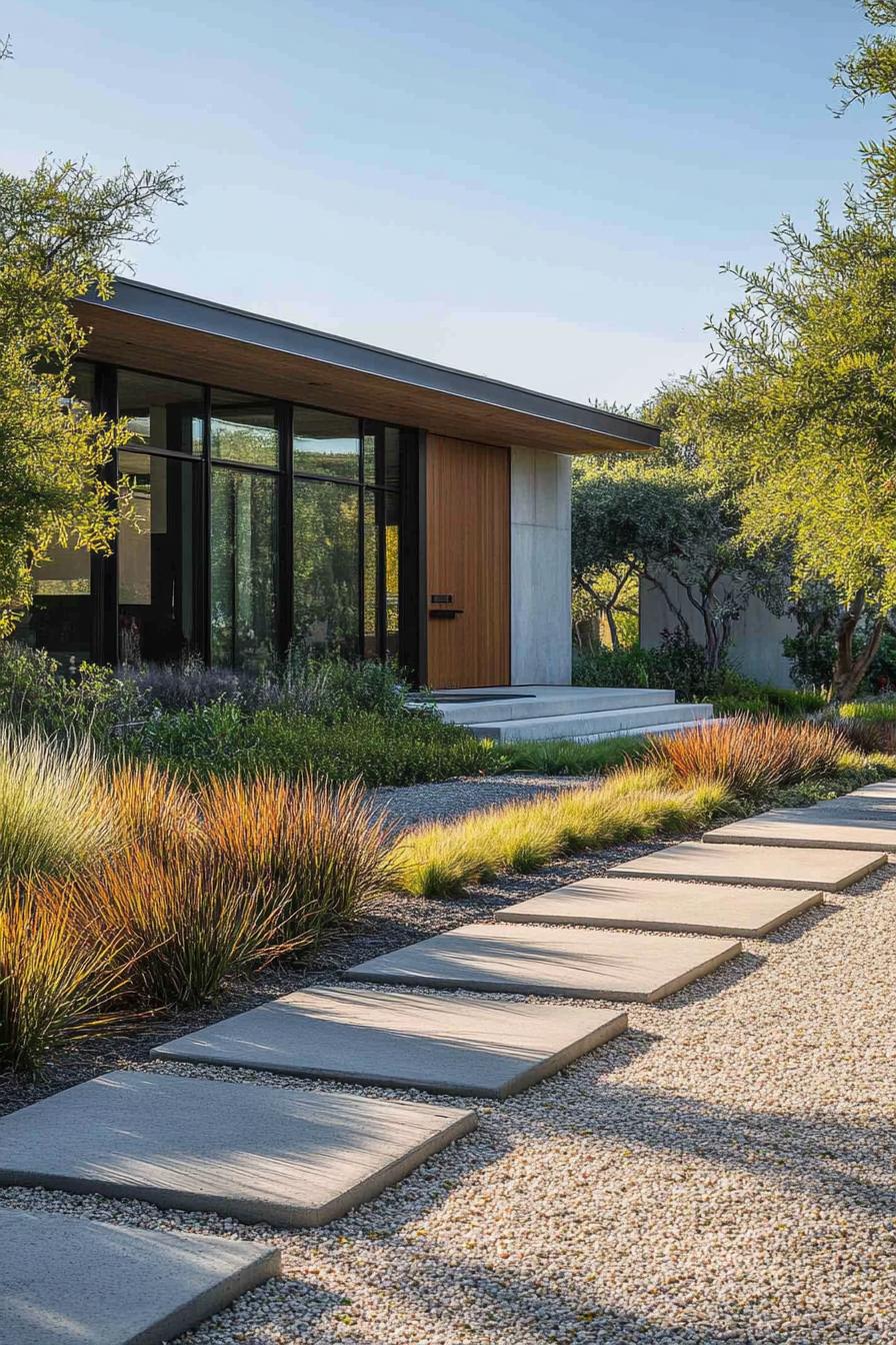 front yard of a modern house with geometric concrete path in gravel mexican feather grass bordering the path 2