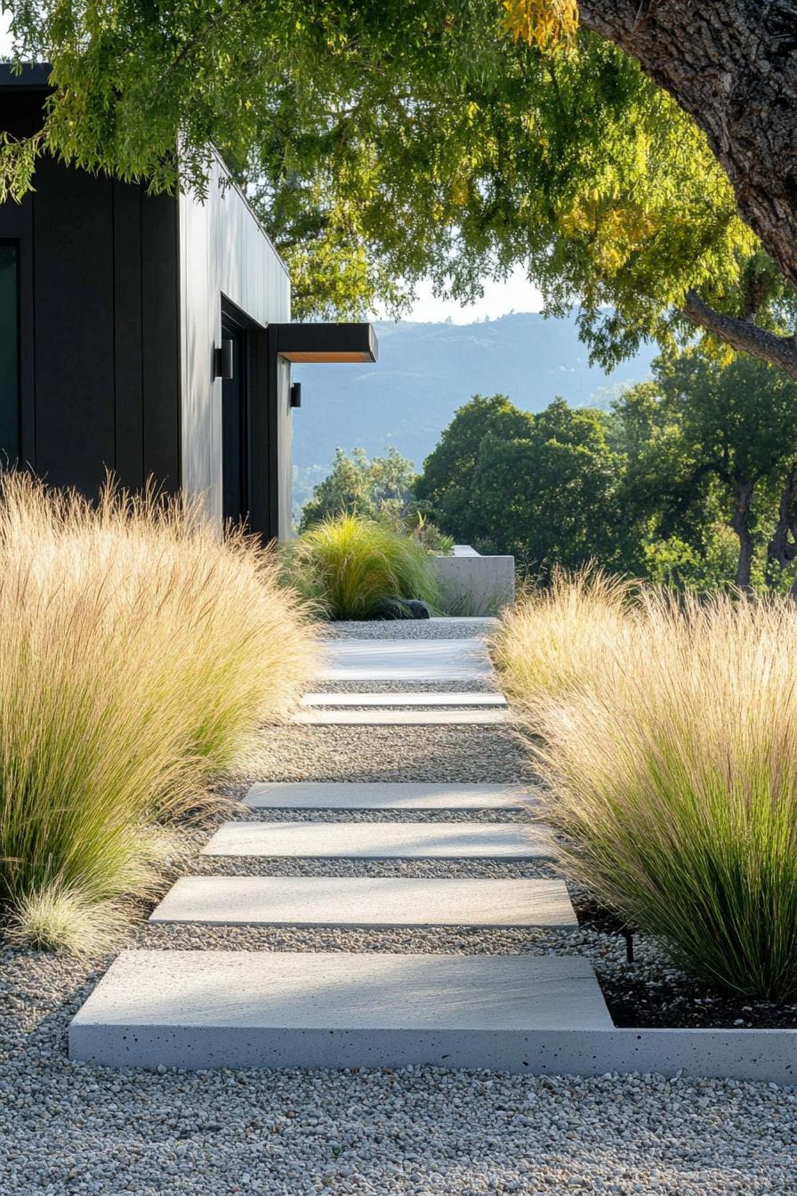 front yard of a modern house with geometric concrete path in gravel mexican feather grass bordering the path 3