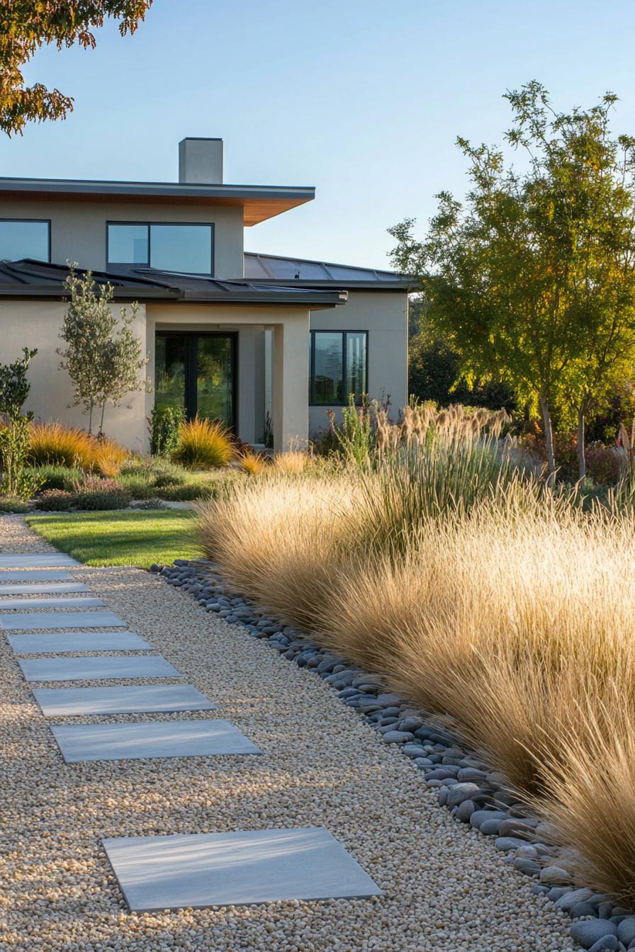 front yard of a modern house with geometric concrete path in gravel mexican feather grass bordering the path