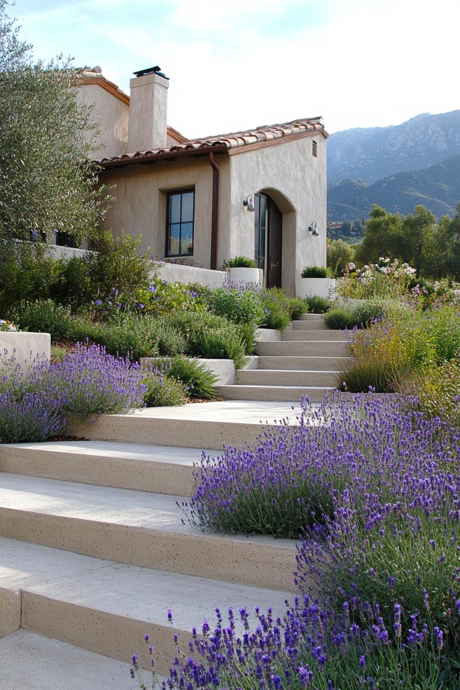 mediterranean yard landscaping with cascading concrete beds with native plants and steps connecting them 1