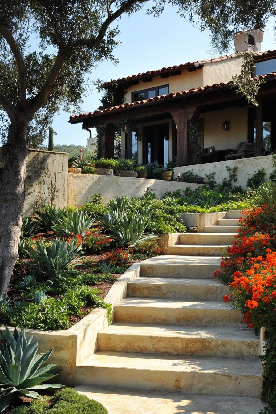 mediterranean yard landscaping with cascading concrete beds with native plants and steps connecting them 2