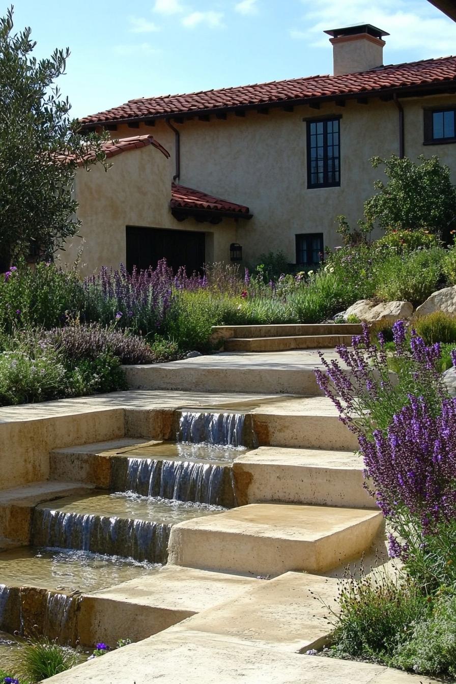 mediterranean yard landscaping with cascading concrete beds with native plants and steps connecting them 3