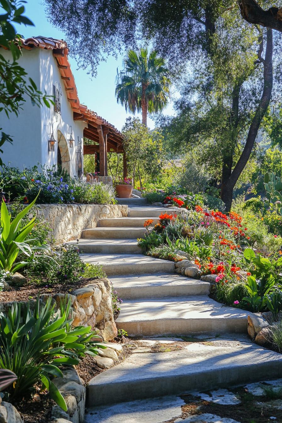 mediterranean yard landscaping with cascading concrete beds with native plants and steps connecting them