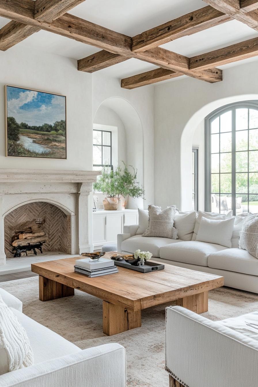 modern farmhouse living room with white walls and ceiling exposed rustic wood ceiling beams arched doorway and window white fireplace with a 1