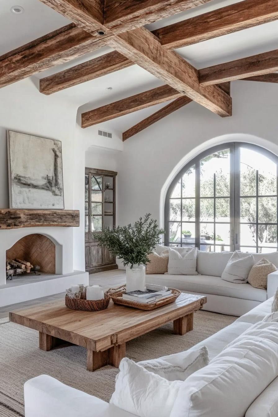 modern farmhouse living room with white walls and ceiling exposed rustic wood ceiling beams arched doorway and window white fireplace with a 2