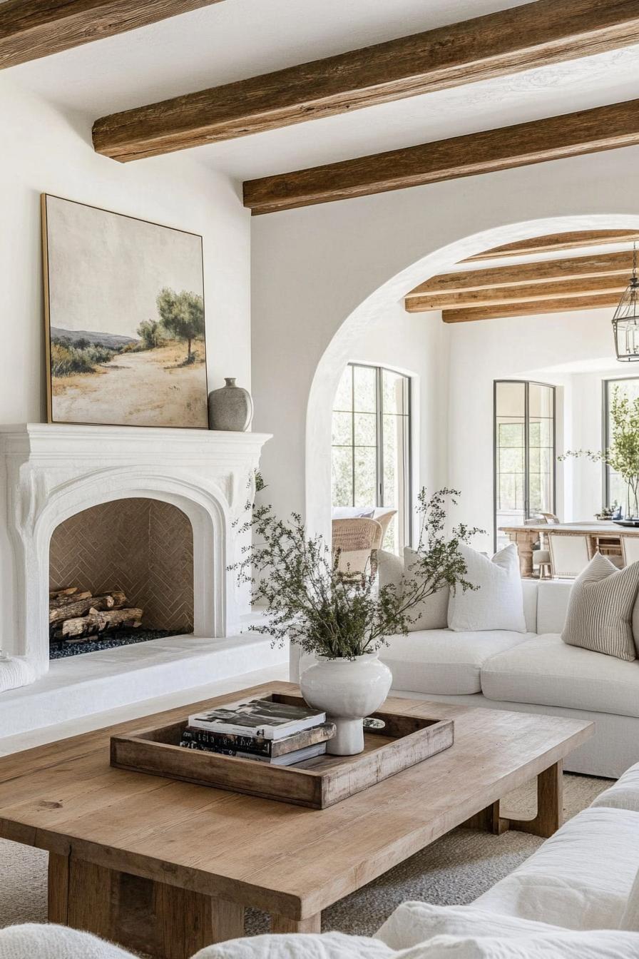 modern farmhouse living room with white walls and ceiling exposed rustic wood ceiling beams arched doorway and window white fireplace with a 3